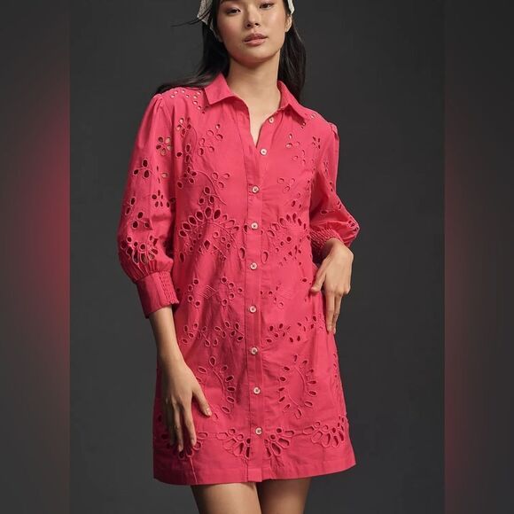 Anthropologie Eyelet Long Sleeve Embroidered Button-Down Mini Dress NWT - Picture 1 of 15
